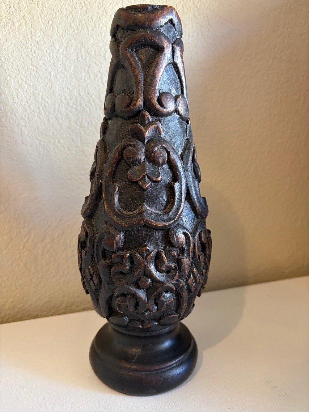 Decorative Carved Wood Vase - Brown Finish
